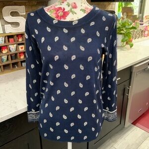 J CREW Women’s Medium Bandana Print Sweater 100% Merino Wool Navy H7144 New